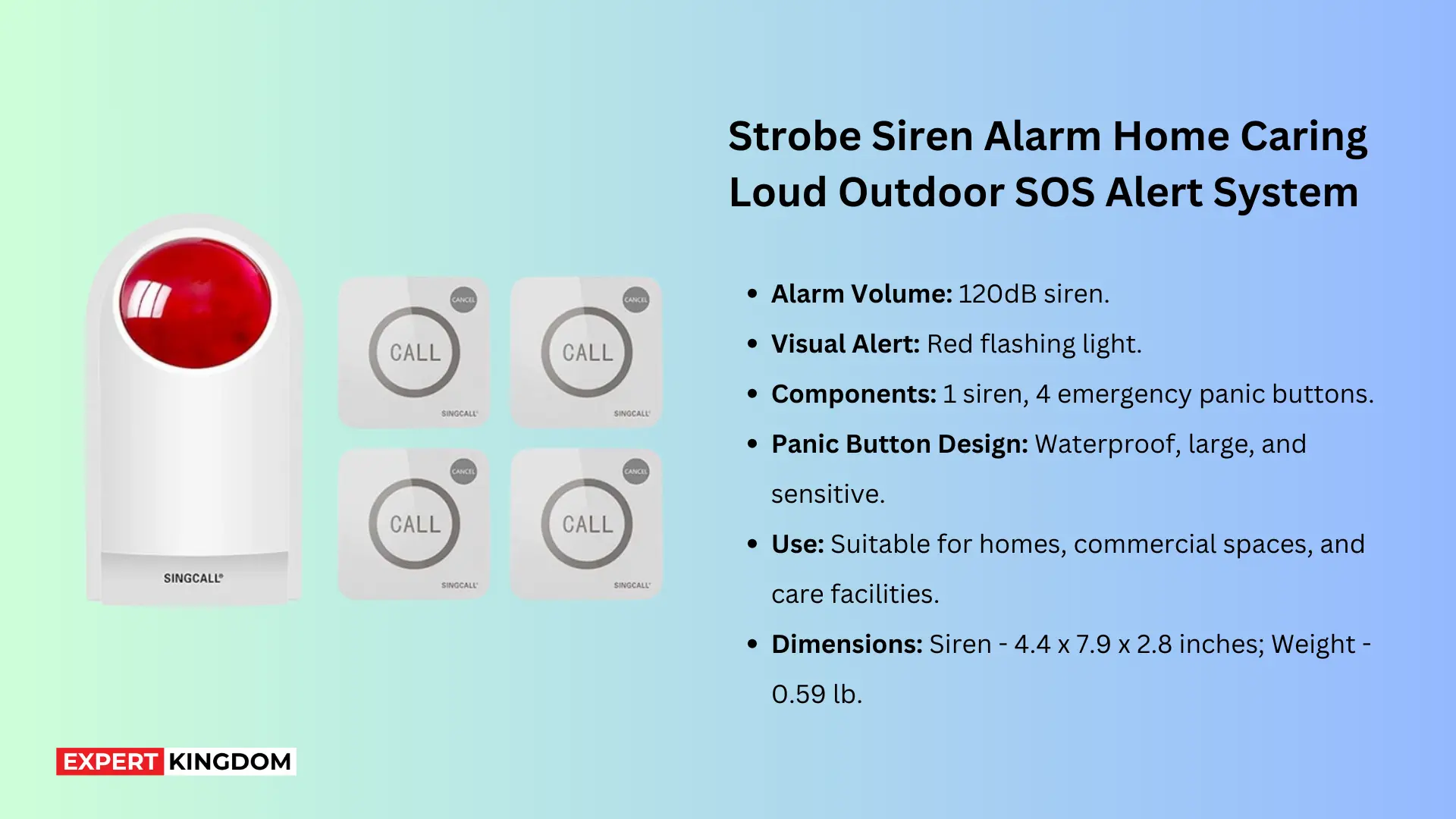 This comprehensive alarm system is equipped with a high-decibel (120dB) red flashing siren and four emergency panic buttons. The system is designed to cater to a variety of environments, including residential homes, commercial spaces, and special care facilities. The large, sensitive panic buttons are waterproof, ensuring durability and reliability in different settings. The loud siren and flashing light provide a dual alert system, which is particularly effective in large spaces or situations where immediate attention is required.