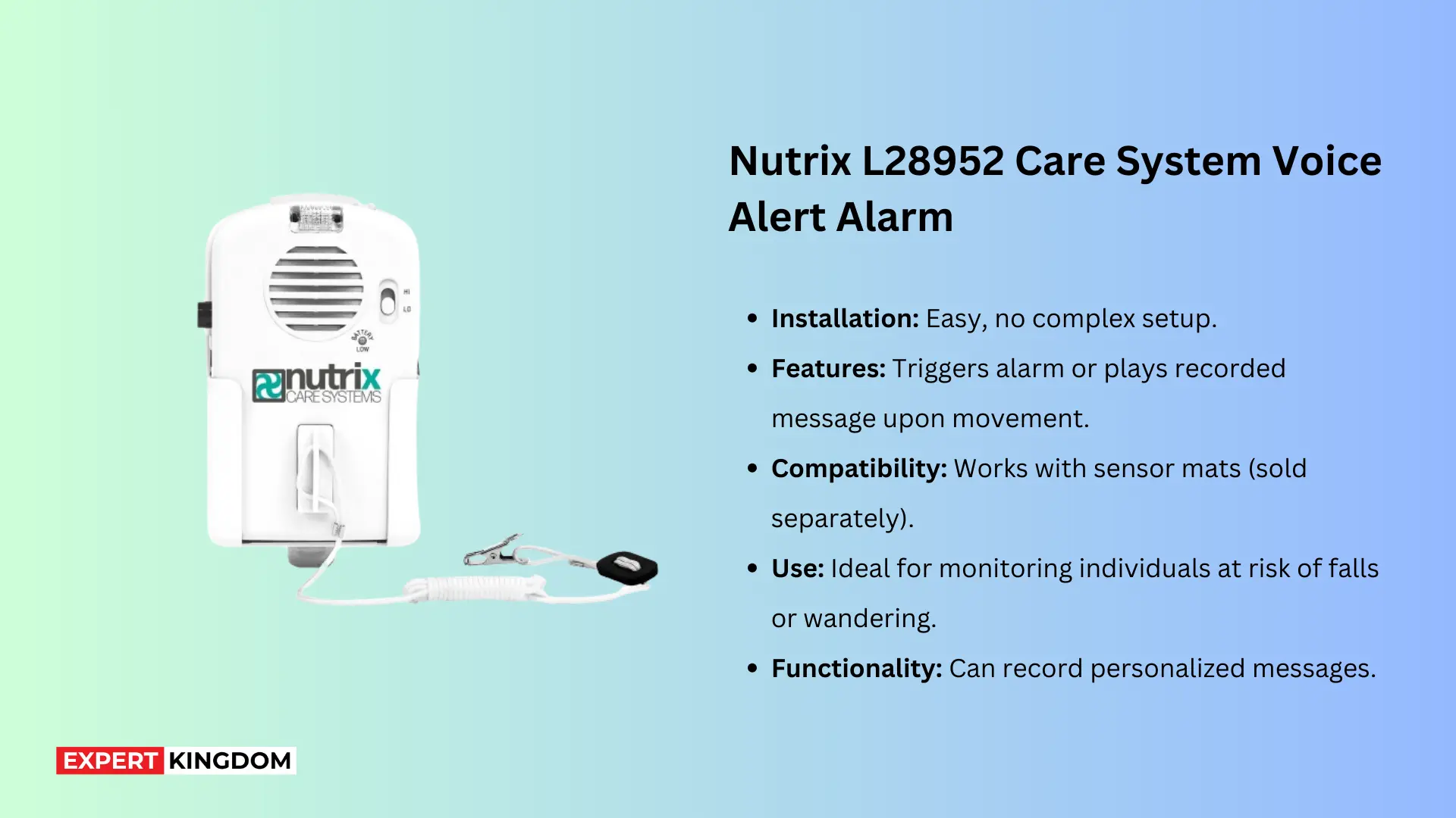 The Nutrix L28952 is a specialized alert system designed to enhance safety for individuals at risk of falls or wandering. It is easy to install and can be placed in beds, chairs, or wheelchairs. The system is triggered when the monitored person moves, potentially preventing accidents or injuries. Uniquely, it allows for recording personal messages that can play in response to movement, offering a comforting and familiar voice. The system is also compatible with various sensor mats for extended monitoring capabilities.