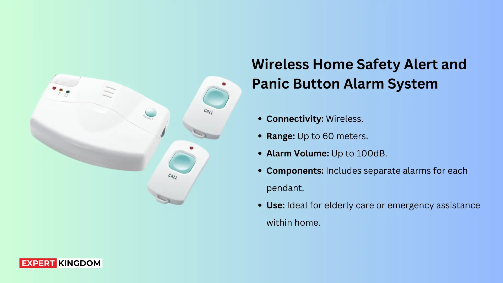 This system is a practical solution for home safety, featuring wireless panic buttons that trigger separate alarms, allowing for clear identification of the source of the alert. The system has an impressive range of up to 60 meters, making it suitable for most home layouts. With a maximum volume of 100dB, the alarms are loud enough to be heard across a typical household. This system is ideal for elderly individuals or those with health conditions that might require immediate assistance.