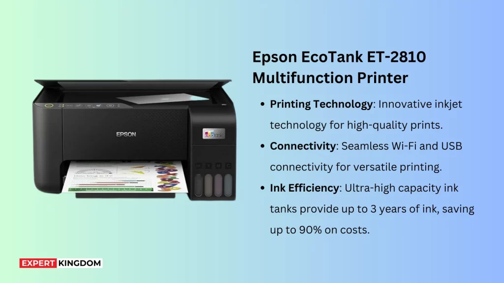 Transforming your home office experience, the Epson Printer EcoTank ET-2810 offers hassle-free printing with its ultra-high-capacity ink tanks.