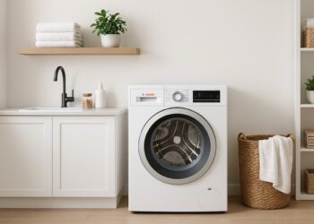 A clean, bright laundry room with a modern Bosch washing machine