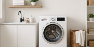 A clean, bright laundry room with a modern Bosch washing machine