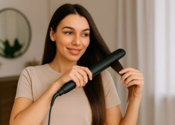 Airle is wearing a neat, light-colored t-shirt while using a sleek hair straightener on long, smooth hair in a softly