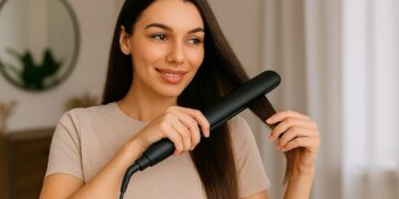 Airle is wearing a neat, light-colored t-shirt while using a sleek hair straightener on long, smooth hair in a softly