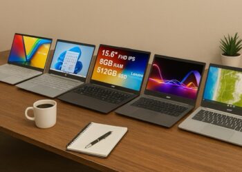 A lifestyle setup showing five different laptops placed diagonally on a wooden table with a coffee cup, notebook, and pen in the foreground, and a small plant in the background. The laptops include ASUS Vivobook, HP 15s, Lenovo IdeaPad, Acer Aspire, and ASUS Chromebook, all with screens turned on.