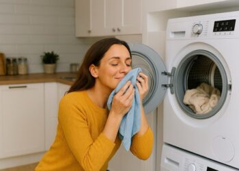 Person holding a clean blue cloth near an open tumble dryer in a bright, modern kitchen with white cabinets and wooden countertops