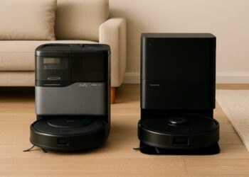 Eufy Omni C20 and Roborock Qrevo S5V robot vacuum stations side by side in a modern living room on wooden flooring.