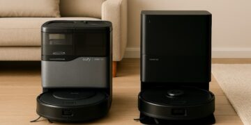 Eufy Omni C20 and Roborock Qrevo S5V robot vacuum stations side by side in a modern living room on wooden flooring.