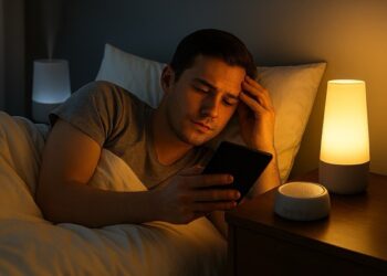 A person lies in bed, reading from a Kindle device. beside the bed, there is a lamp that emits a warm, soft glow for a cosy ambience