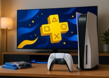 A PlayStation 5 console standing vertically on a wooden table next to a DualSense controller, with a large TV in the background displaying a vibrant PlayStation Plus logo in blue and yellow. Several PlayStation game cases are stacked on the table, and the scene includes a cozy living room setup with a floor lamp and a potted plant.