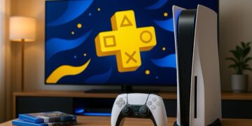 A PlayStation 5 console standing vertically on a wooden table next to a DualSense controller, with a large TV in the background displaying a vibrant PlayStation Plus logo in blue and yellow. Several PlayStation game cases are stacked on the table, and the scene includes a cozy living room setup with a floor lamp and a potted plant.