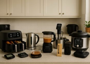 Modern kitchen countertop displaying multiple smart kitchen gadgets including a dual-zone air fryer with food inside, a stainless steel electric kettle, a NutriBullet blender with soup, a digital kitchen scale with a glass bowl, a MEATER Plus thermometer dock, an Anova sous vide circulator clipped to a pot, and an Instant Pot multi-cooker, with a clean tiled backsplash and light cabinetry in the background.