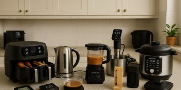Modern kitchen countertop displaying multiple smart kitchen gadgets including a dual-zone air fryer with food inside, a stainless steel electric kettle, a NutriBullet blender with soup, a digital kitchen scale with a glass bowl, a MEATER Plus thermometer dock, an Anova sous vide circulator clipped to a pot, and an Instant Pot multi-cooker, with a clean tiled backsplash and light cabinetry in the background.