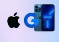 A feature image showing the Apple logo on the left, the Google logo in the center, and a modern iPhone with a blue screen on the right, set against a gradient background blending light purple and blue tones.