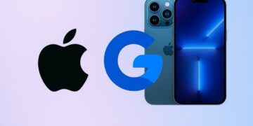 A feature image showing the Apple logo on the left, the Google logo in the center, and a modern iPhone with a blue screen on the right, set against a gradient background blending light purple and blue tones.