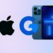 A feature image showing the Apple logo on the left, the Google logo in the center, and a modern iPhone with a blue screen on the right, set against a gradient background blending light purple and blue tones.