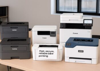 Five laser printers arranged on an office testing table, including Brother, Canon, HP, and Xerox models, used for hands‑on comparison