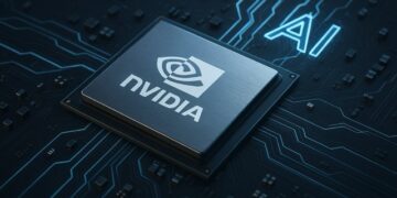 Close-up of NVIDIA AI processor on a futuristic circuit board representing advanced GPU and AI technology