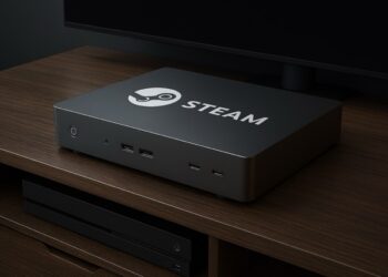 Steam Machine concept device on a wooden TV stand, minimalist design with multiple ports
