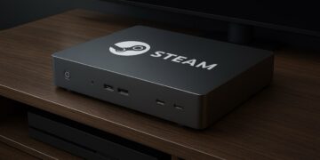 Steam Machine concept device on a wooden TV stand, minimalist design with multiple ports