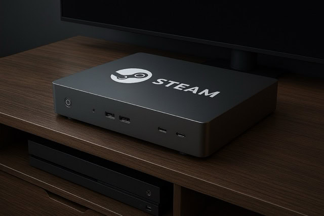 Steam Machine concept device on a wooden TV stand, minimalist design with multiple ports