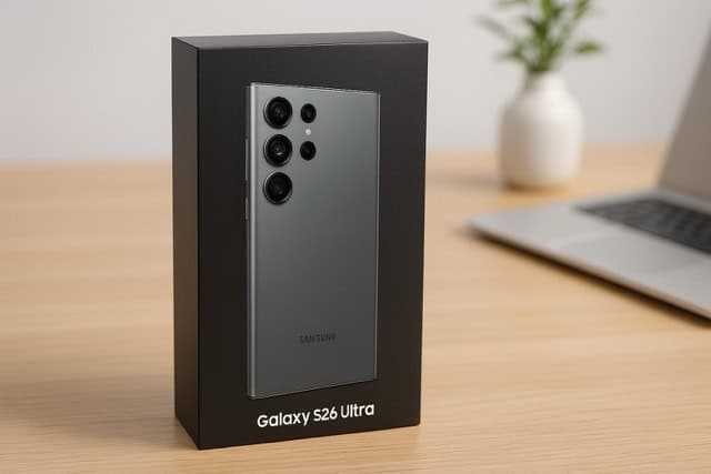 Samsung Galaxy S26 Ultra retail box standing on a clean wooden desk with a blurred laptop and plant in the background.