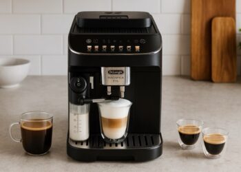 De'Longhi Magnifica Evo coffee machine on a modern kitchen counter with espresso and latte cups arranged around it.