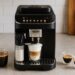 De'Longhi Magnifica Evo coffee machine on a modern kitchen counter with espresso and latte cups arranged around it.