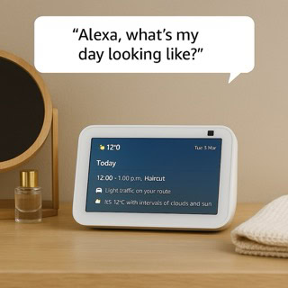 One of the most natural ways people use the Echo Show 5 is first thing in the morning. A simple prompt like “Alexa, what’s my day looking like?” while getting dressed or making the bed brings together the weather, calendar events, reminders, and traffic in one glance. It removes the need to check a phone and sets the tone for the day without adding friction.