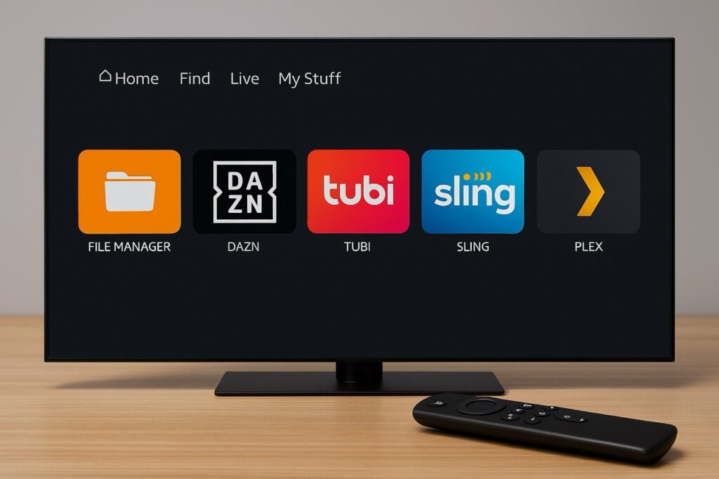 Amazon Fire TV home screen interface with installed apps and remote control on a desk.