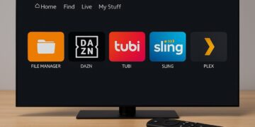 Amazon Fire TV home screen interface with installed apps and remote control on a desk.