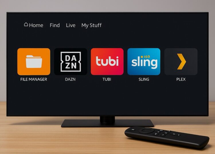 Amazon Fire TV home screen interface with installed apps and remote control on a desk.