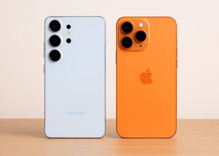 Samsung Galaxy S26 and iPhone 17 Pro Max placed side by side on a modern table, showing rear design and camera layouts