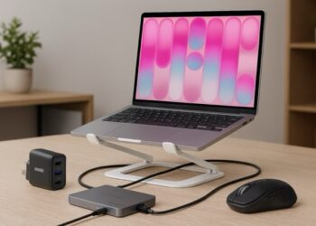 MacBook Neo on a desk with stand, Thunderbolt dock, charger and mouse arranged neatly for a work and travel setup.