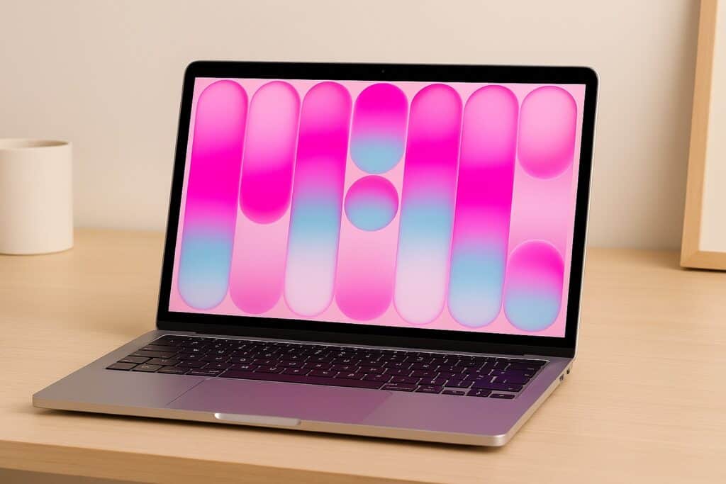 Laptop sitting open on a wooden desk displaying a colourful pink and blue screen