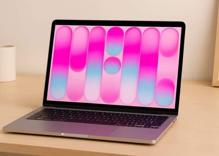 Laptop sitting open on a wooden desk displaying a colourful pink and blue screen