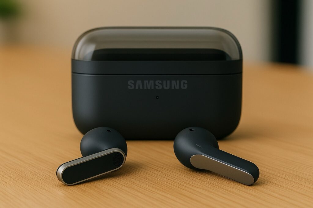 Samsung Galaxy Buds4 wireless earbuds resting on a wooden table with the charging case behind, photographed in a modern office setting