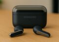 Samsung Galaxy Buds4 wireless earbuds resting on a wooden table with the charging case behind, photographed in a modern office setting