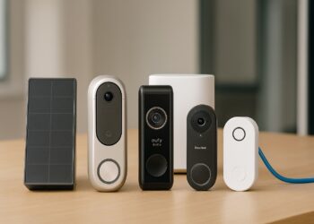 Four smart video doorbells and a solar panel placed upright on a light‑coloured table in a testing environment