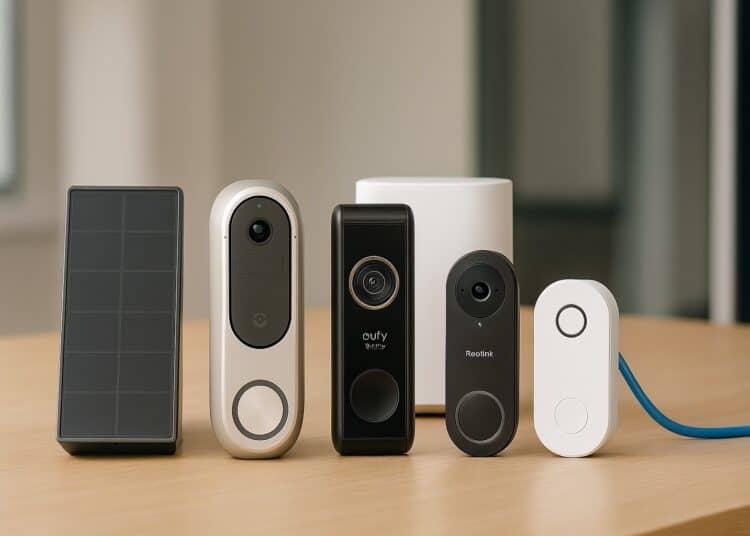 Four smart video doorbells and a solar panel placed upright on a light‑coloured table in a testing environment
