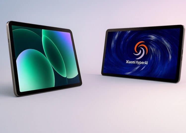 Two Xiaomi Pad 8 tablets displayed on a soft studio background showing their 3.2K screens and slim design.