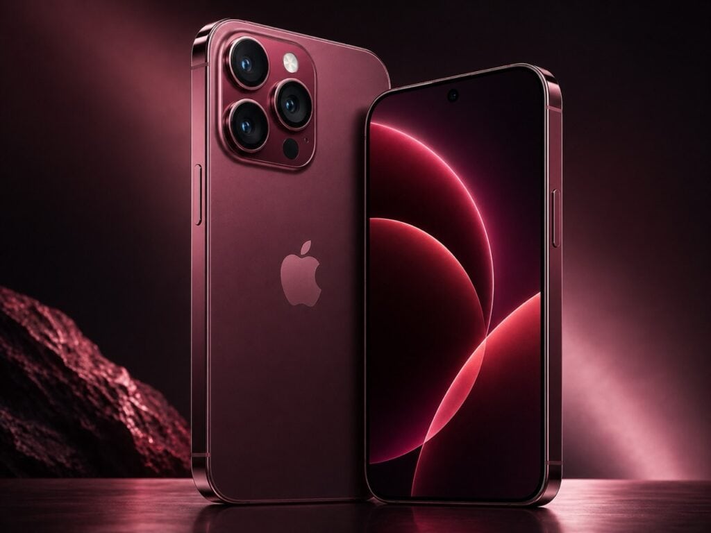 iPhone 18 Pro in dark cherry finish with dual view showcasing premium design and camera system