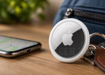 Apple AirTag 2 tracker placed on a wooden table beside keys and a smartphone displaying a location map