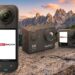 A feature image showcasing three distinct action cameras set against a dramatic, scenic mountain landscape during a golden hour sunset.