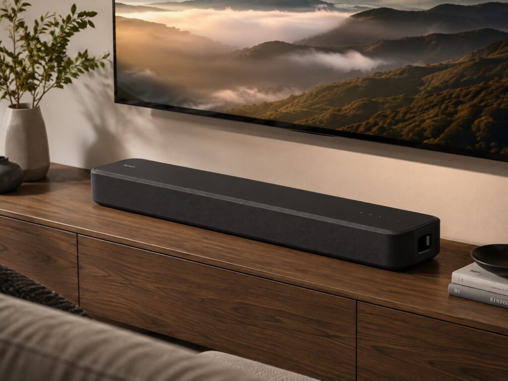 Sony HT-S2000 compact 3.1ch Dolby Atmos soundbar placed on a light wooden table beneath a wall-mounted television in a modern living room with soft natural lighting.
