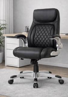 Nouhaus +Posture ergonomic office chair with black leather upholstery, diamond‑stitched backrest, padded armrests, and silver base, positioned in front of a light wood desk in a bright, minimalist home office with soft natural lighting.