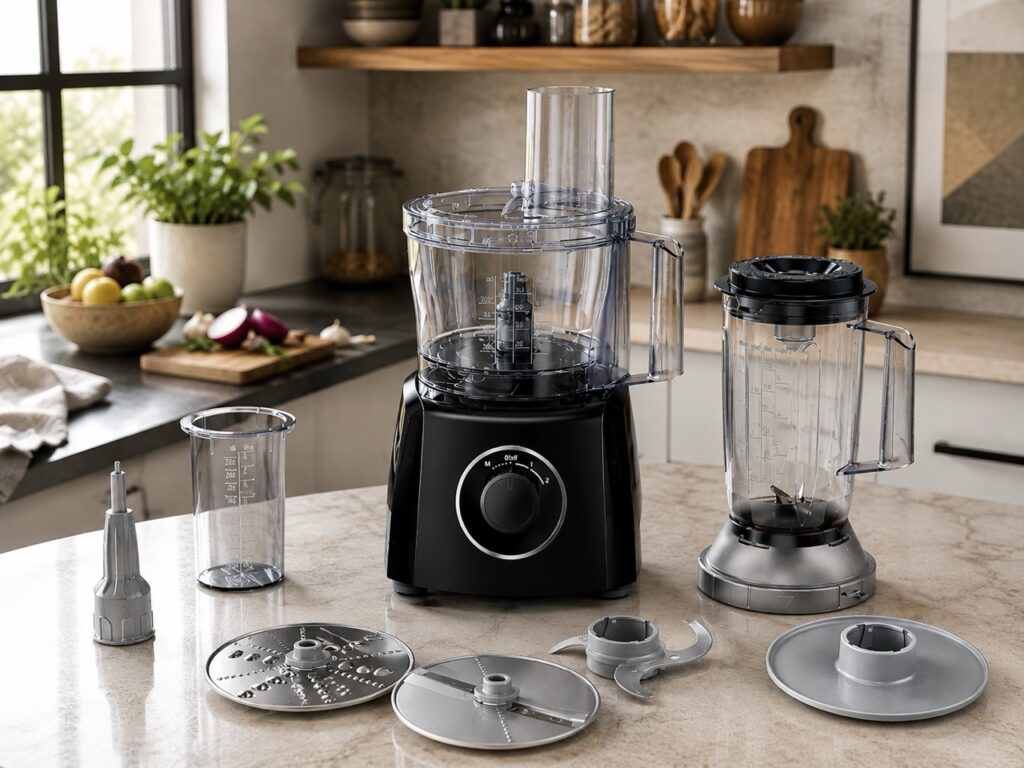 Bosch MultiTalent 3 food processor with blender jug, chopping blade, slicing discs and measuring accessories in a modern kitchen