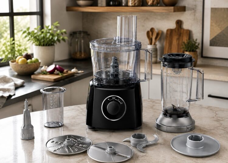 Bosch MultiTalent 3 food processor with blender jug, chopping blade, slicing discs and measuring accessories in a modern kitchen