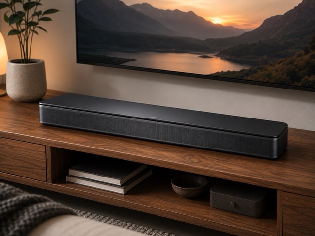 Bose TV Speaker compact soundbar on a wooden media console beneath a wall-mounted TV