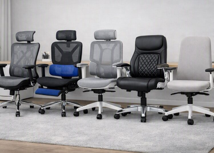 Five ergonomic office chairs — SIHOO M57, FlexiSpot C7DG, Hbada E3 Air, Nouhaus +Posture, and Boulies NUBI — lined up side by side on a light gray carpet in a modern home office with a light wood desk, potted plant, and sheer white curtain, showcasing their different designs and materials.